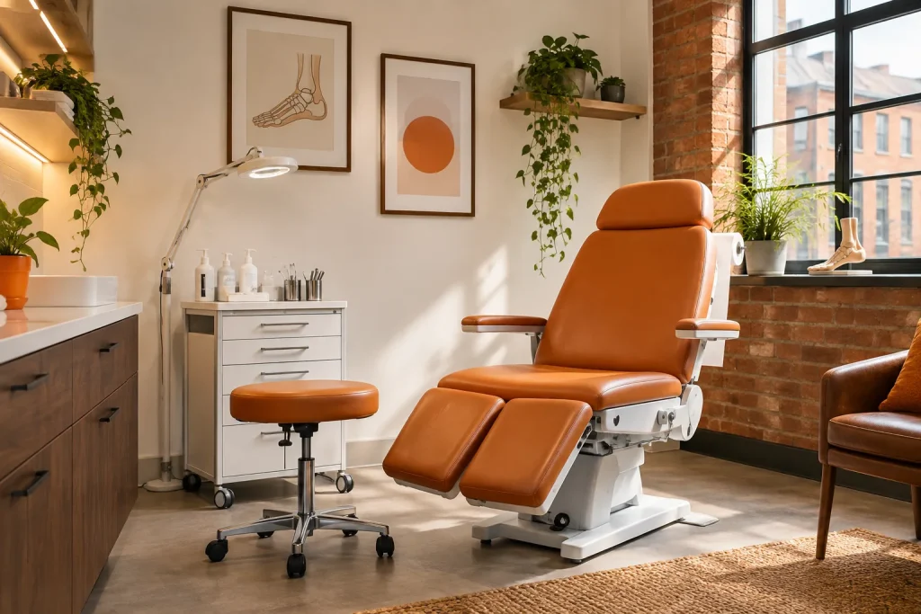 Warm and welcoming podiatry clinic treatment room in Ancoats
