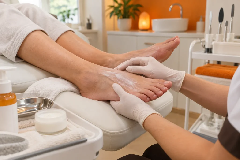 Podiatrist providing a deluxe medical pedicure treatment in a modern clinic