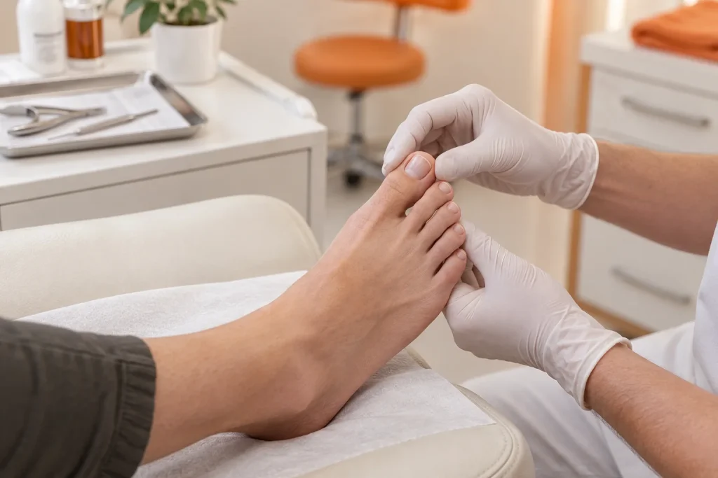 Podiatrist carefully assessing a toenail before nail surgery treatment