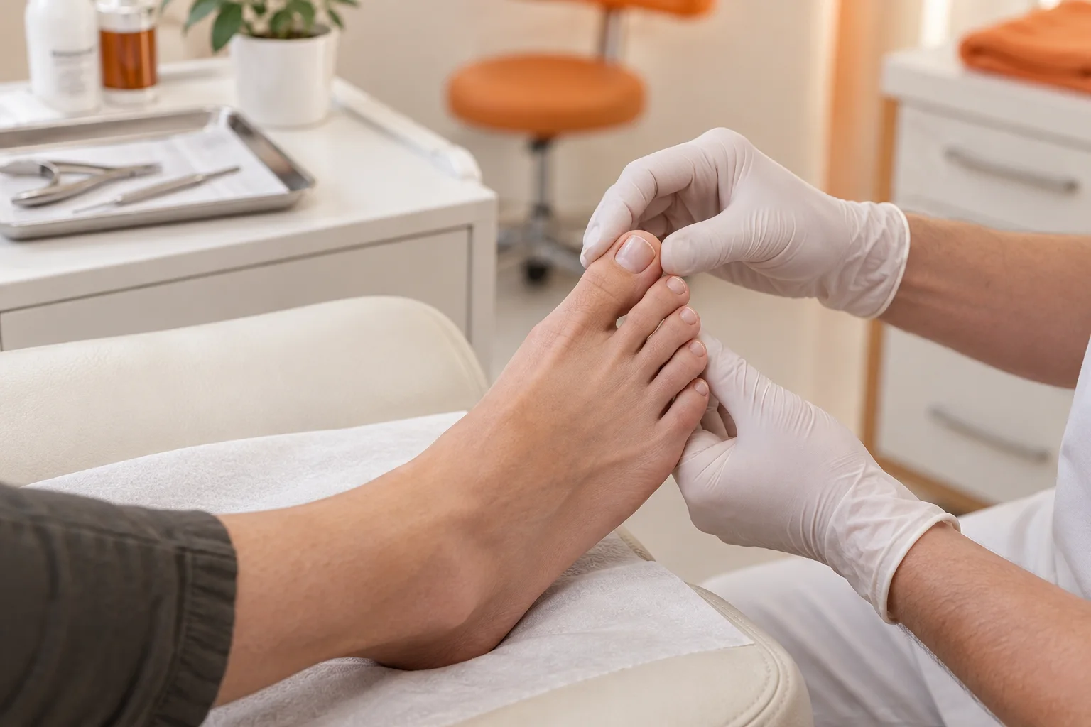 Podiatrist carefully assessing a toenail before nail surgery treatment