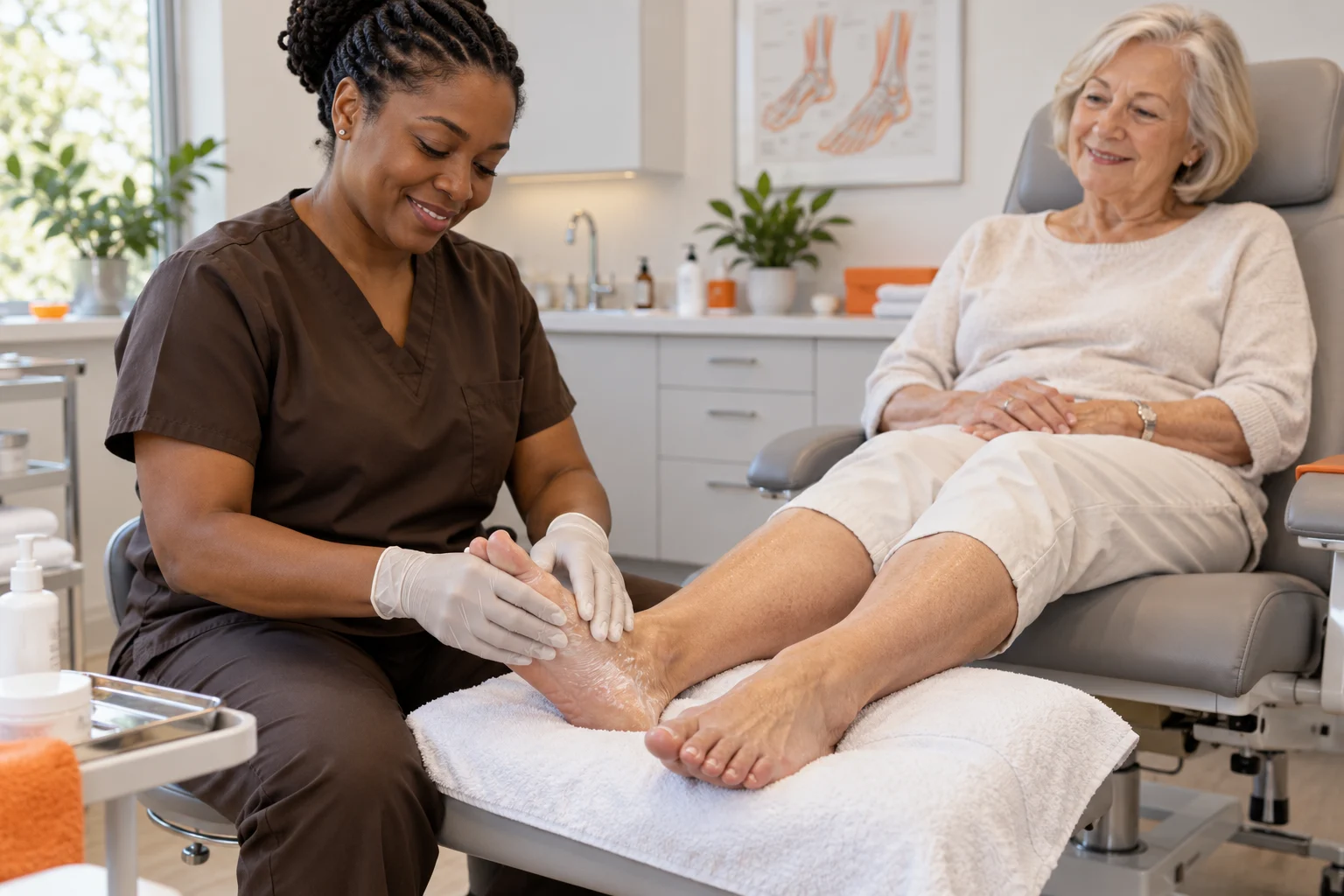 Black woman podiatrist providing moisturising foot care to an older patient