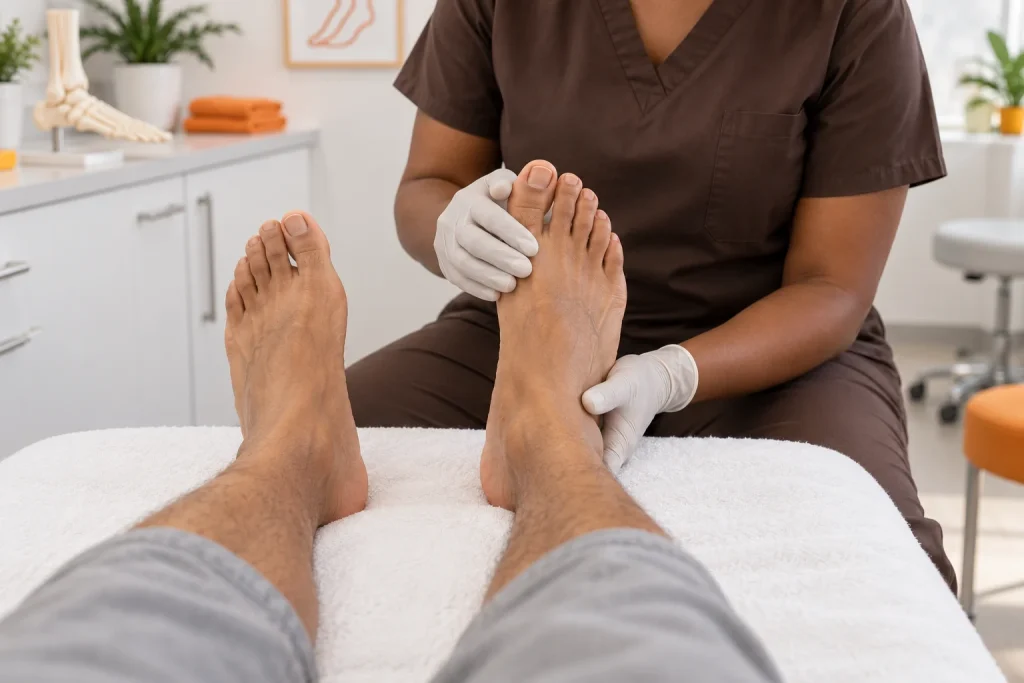 Gloved podiatrist gently supporting a patient’s foot during a consultation assessment