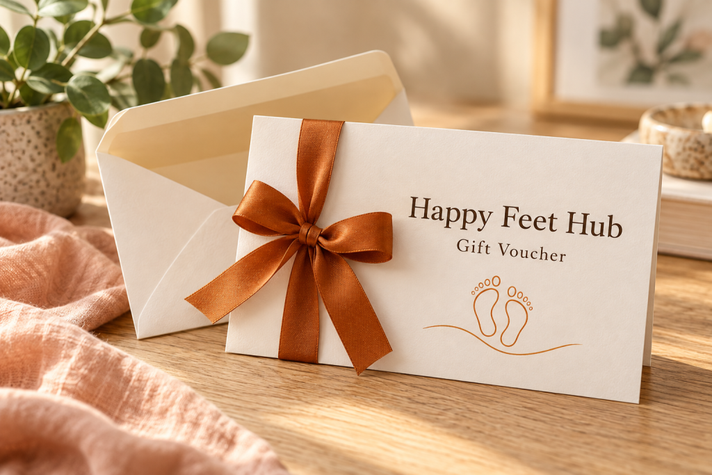 Cream Happy Feet Hub gift voucher and envelope with an orange ribbon