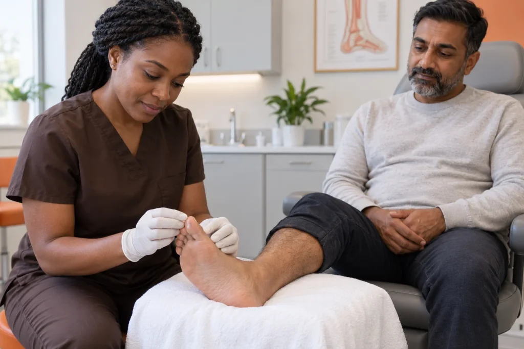 Black woman podiatrist assessing a patient’s toenail before discussing treatment